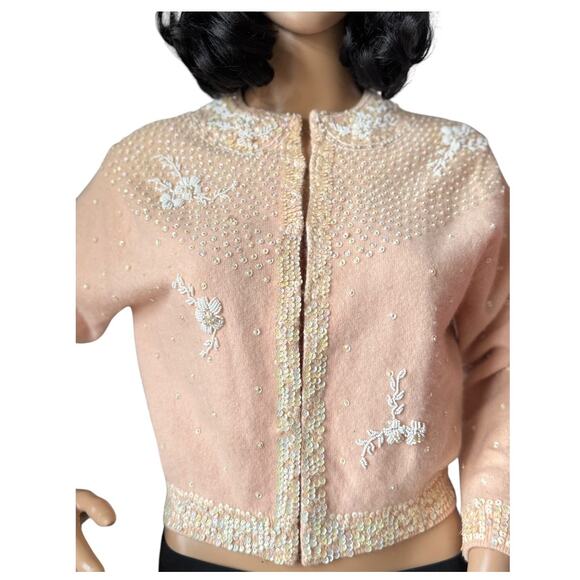 Vintage Jo Ro Imports Angora Lamb Wool Beaded Sequin pink white Cardigan small - Picture 2 of 16